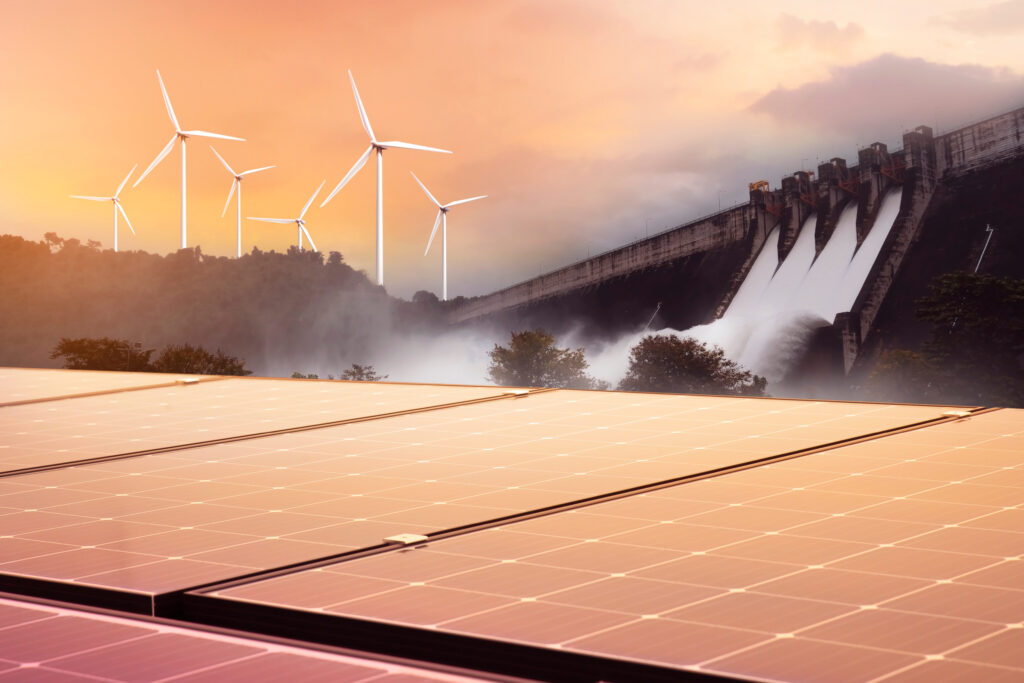 Electricity from solar panels, dams, and wind turbines.