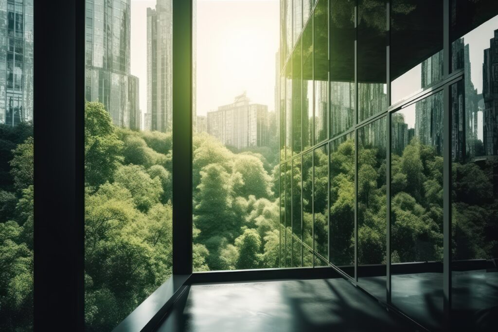 Double exposure of lush green forest and modern skyscrapers windows of building. Green city concept. Generative ai.