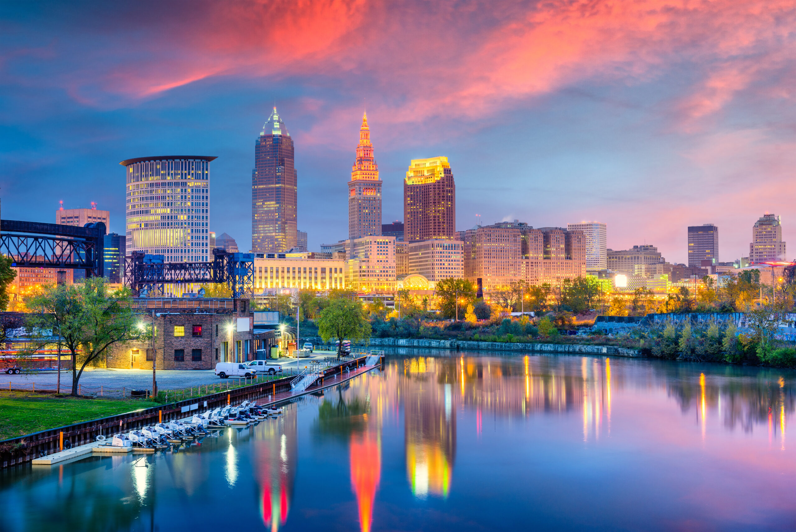 Cleveland, Ohio, USA skyline on the Cuyahoga River.
